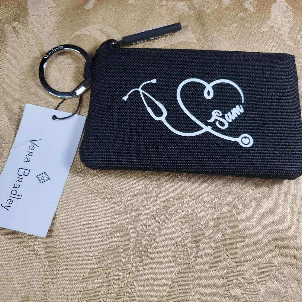 Vera Bradley OS Lighten Up Zip ID Case Women Black Floral Nurse Sam Stethoscope